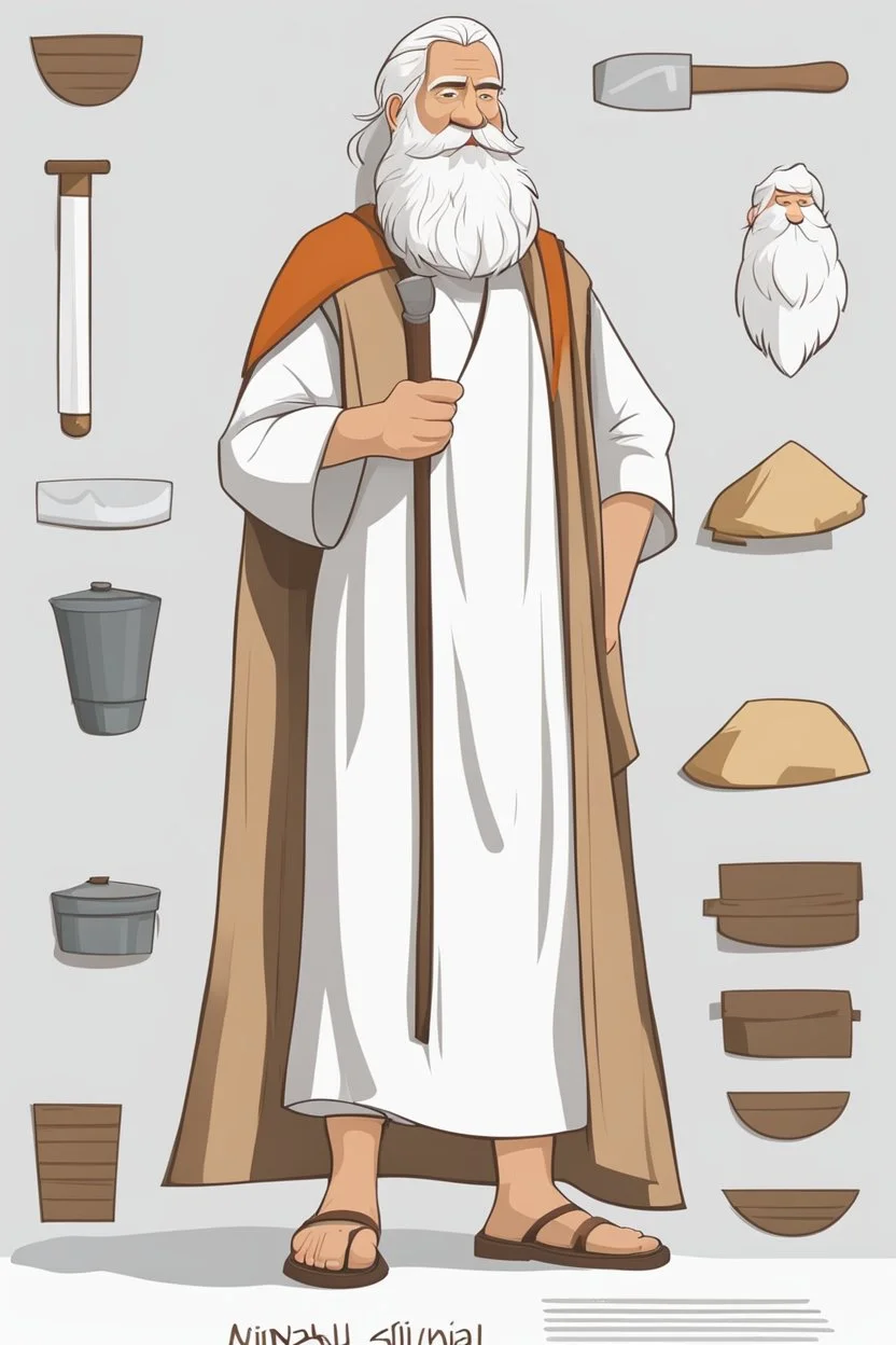 Noah, biblical character, long tunic, sandals on his feet, white beard and hair, hammer in his hand, model sheet, cartoon style, cute, 2d, minumalism, simple art.