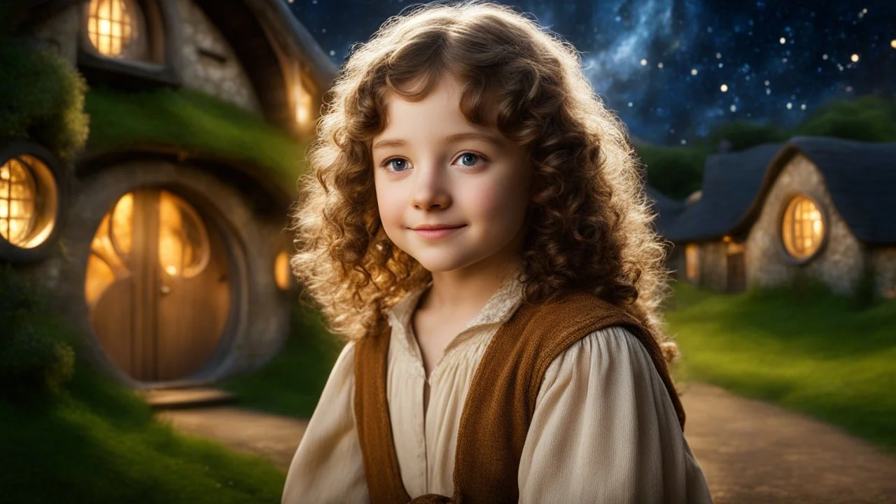 Little very young hobbit girl, beautiful, confident, calm, wise, happy, innocent, facing camera, head and shoulders, curly hair, hobbit clothing, perfect eyes, LOTR village, hobbit homes with circular windows and circular doors, night scene, stars, fireflies, 16k artistic photography, exquisite composition, photorealistic concept art, soft natural volumetric light, chiaroscuro, award-winning photograph, masterpiece, style William-Adolphe Bouguereau