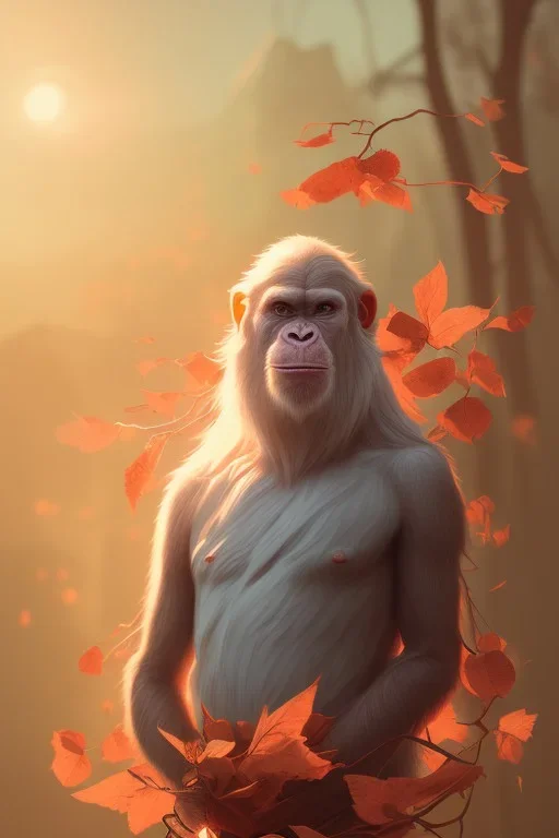 Ape portrait , detailed hands, at dawn by atey ghailan, golden light , white robe, holding leaves and flowers , angels background, volumetric light, high detail, red leaf tree, mountains in background, perfect