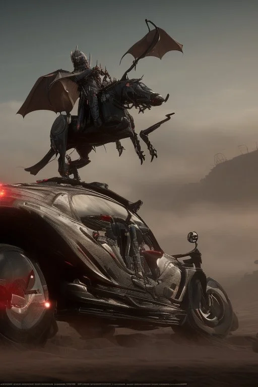 An advanced motorcycle with four wheels and a turbo jet in the back with rockets and machine guns Sauron, the lord of darkness, with the devil and his army, in the land of destruction