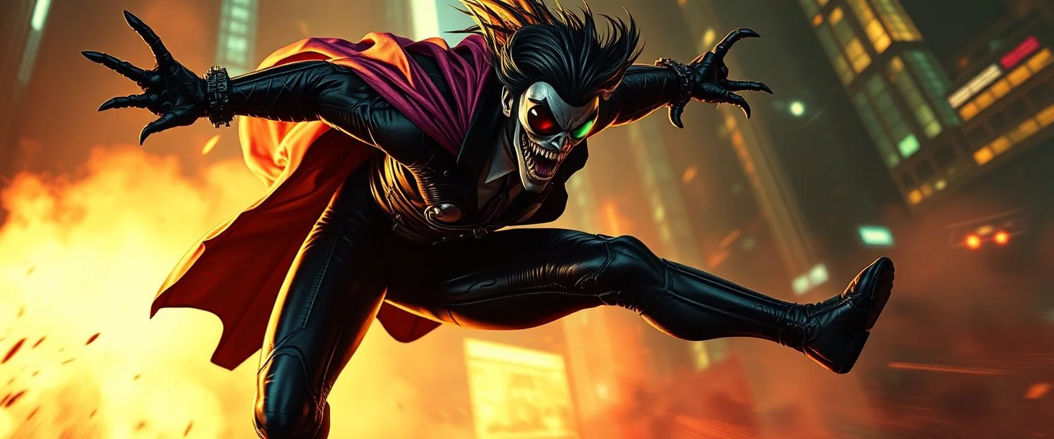vampire cyberpunk action scene, acrobatic dodge, cape harlekin, spider venom, sun glasses, sinner