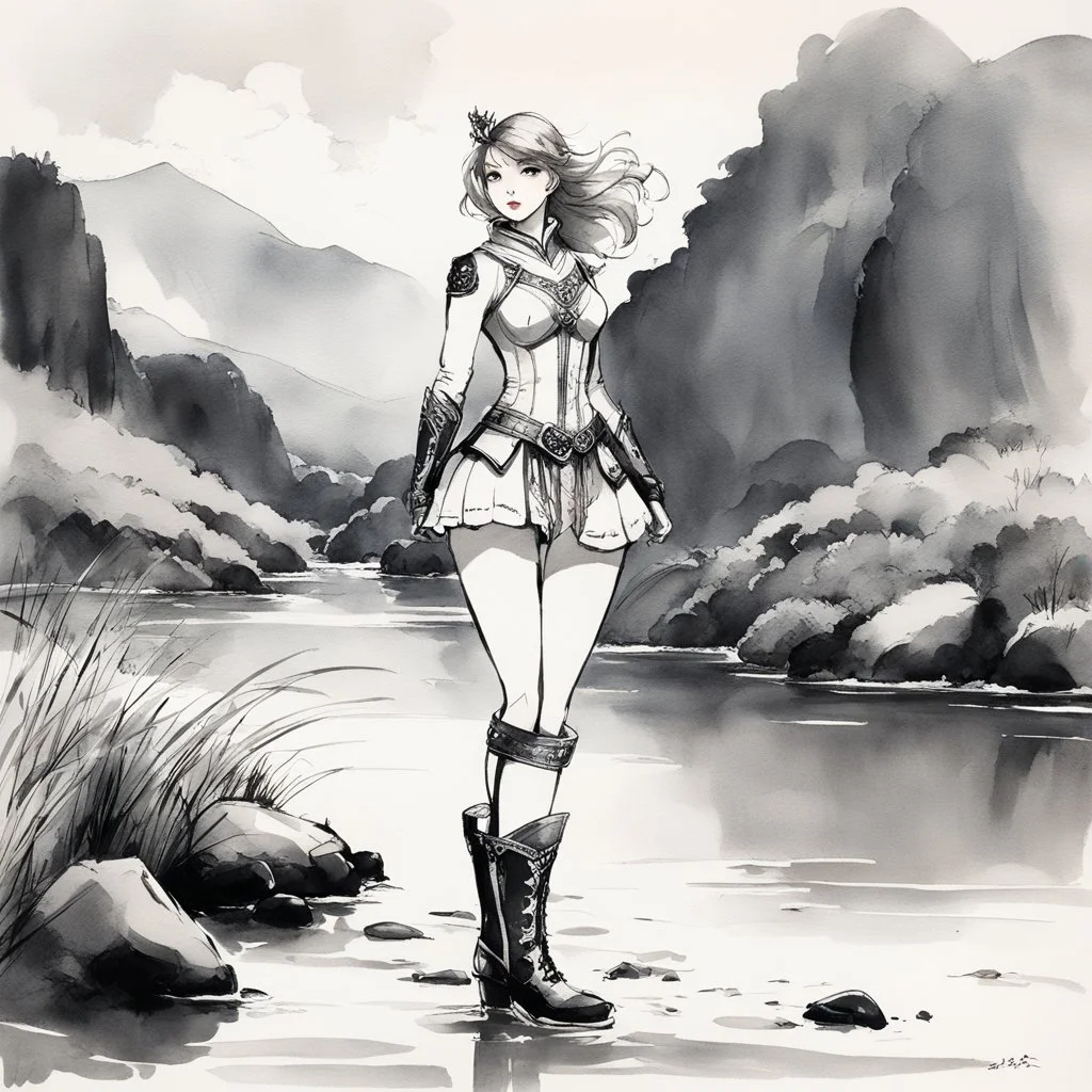[traditional Chinese brush, expressive line, ink washes] Barbarella in boots standing close to a river