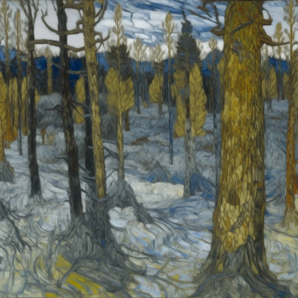 A gray montane forest covered in frost painted by Vincent van Gogh