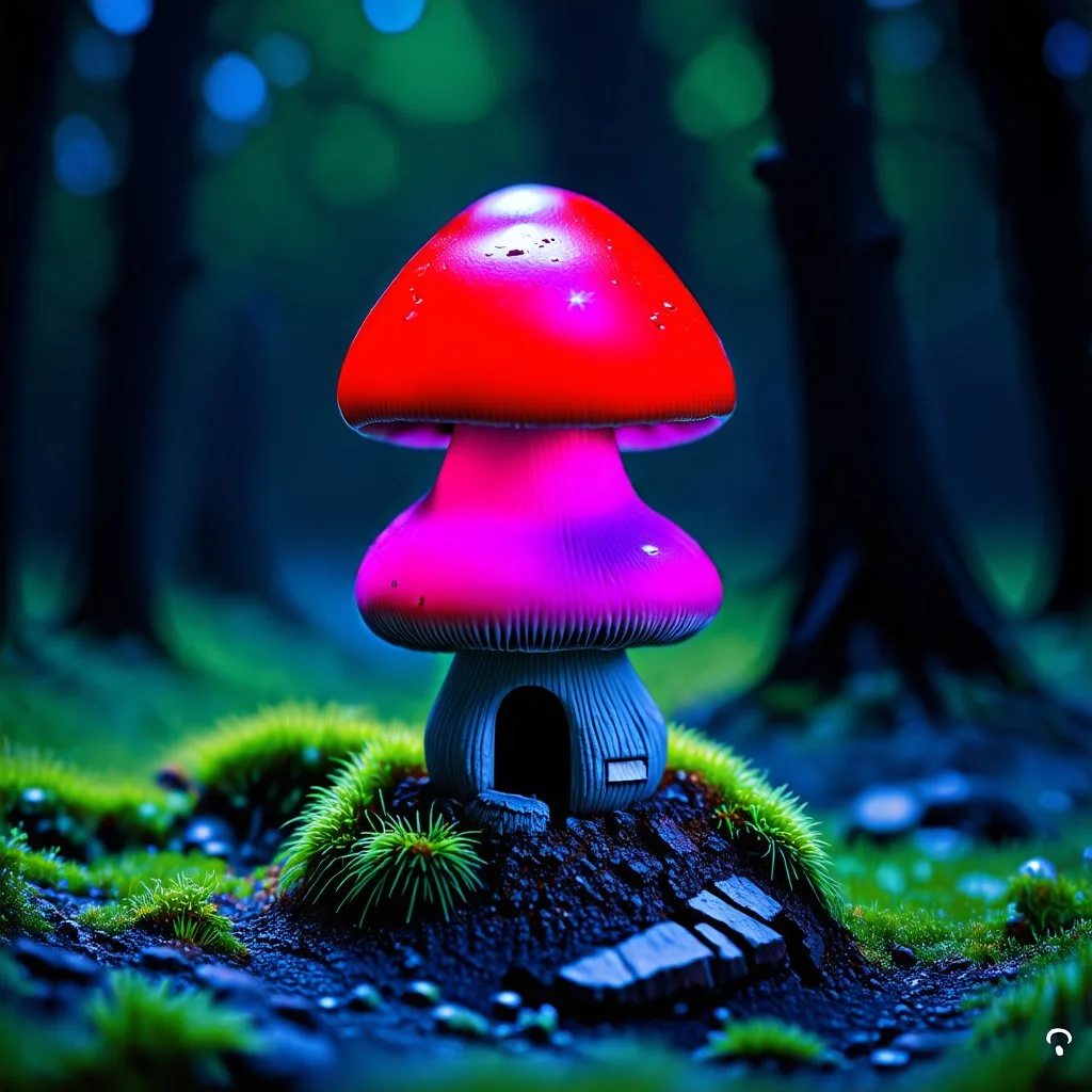 "Close up of a wonderful tiny Mushroom Tower home. Red and Magenta with bright white, deep black and contrasting tones of gray magenta and violet colors. Illuminated bioluminescent forest. Professional painter, master at composition. small but detailed. broken, blurred background, voluminous lighting"