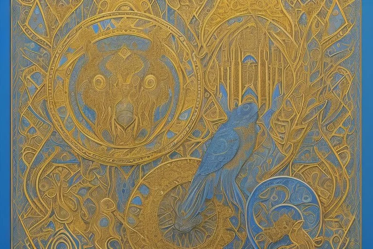 an open gothic_Arab gate in a blue-and-gold-tiled wall with a view of an old city by artist "Beardsley",by artist "Rackham",by artist "Bertha Lum",by artist "Dulac",by artist "Erte"