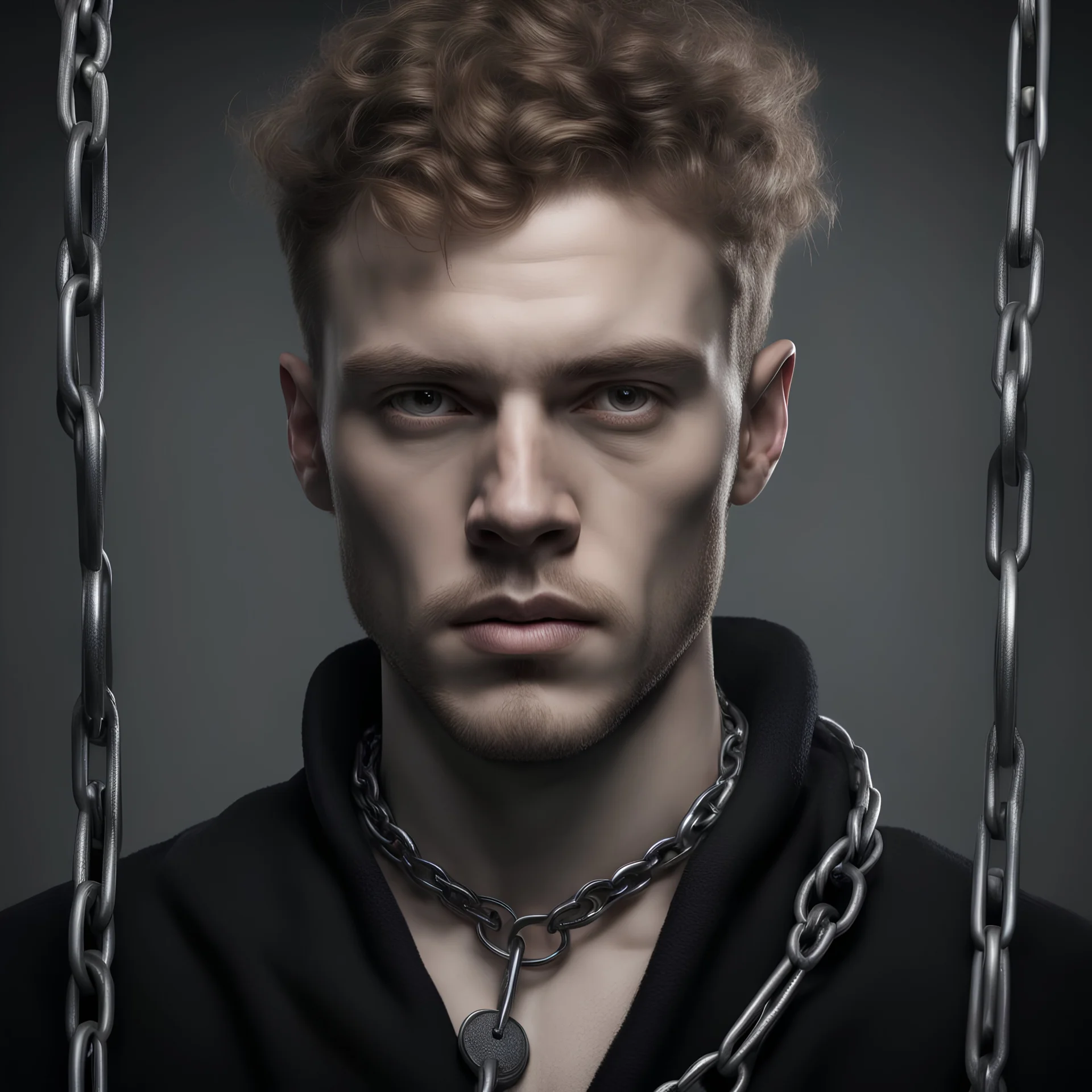 Portrait of a young scottish white man slave with chains. Photorealism with Leica lens, 85mm. Low contrast