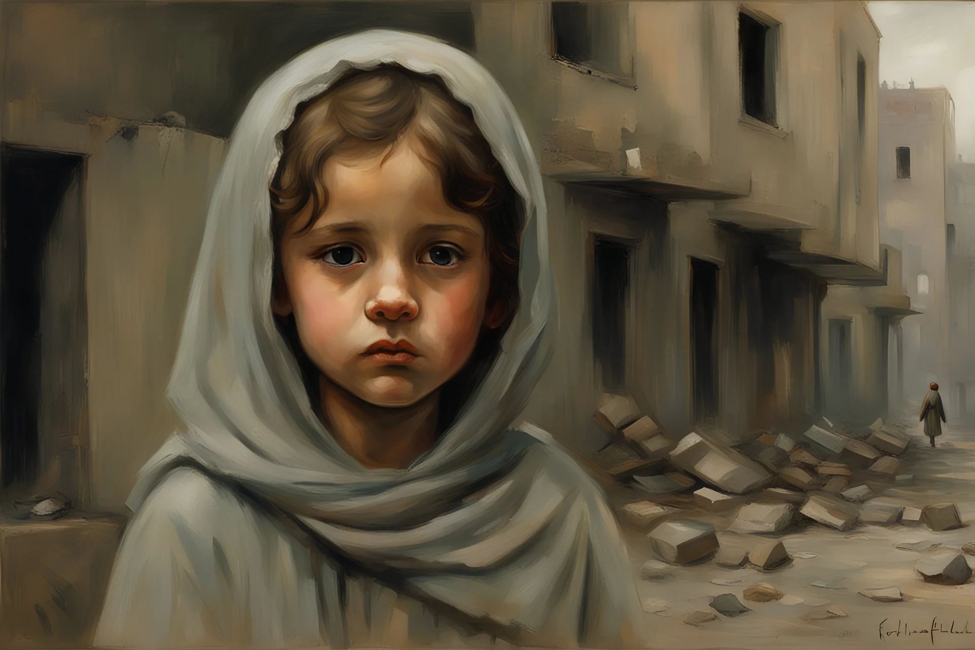 Grey sky, crying little palestinian girl wearing kuffeah , rocks, destroyed buildings , sci-fi movies influence, friedrich eckenfelder and willem maris impressionism paintings