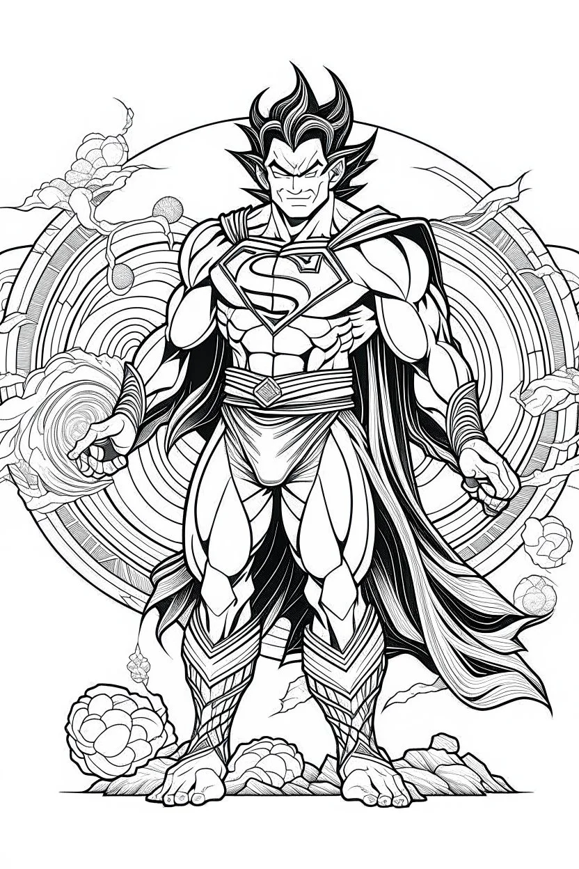 outline art An evolved Superman.Goku cinematic lighting, high resolution 3D render art coloring pages with witch, white background, Sketch style, full body, use outline, Mandala style, clean line art, white background, no shadows and clear and well