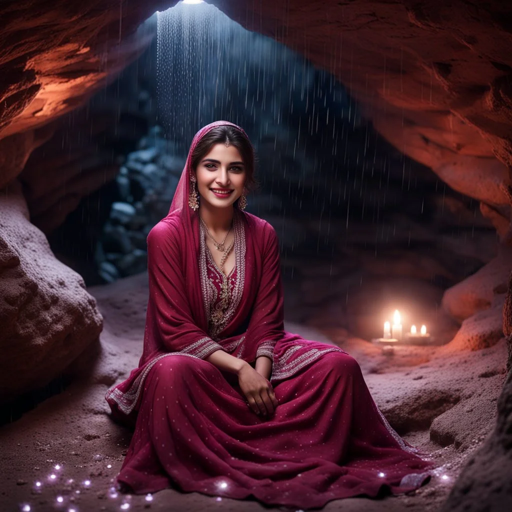 Hyper Realistic Photographic Outside View Of A Gorgeous Pashto Girl (Wearing Simple Burgundy Colored Dress With White Embroidery & Wearing Pink Dupatta On Her Neck) Happily Sitting & Smiling Boldy In A Cave With Glowing Little Crystals, With Heavy Rain Outside Cave At Dark Night Showing Dramatic & Cinematic Ambiance.