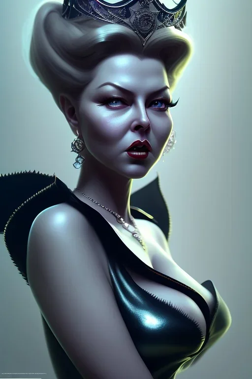 Lana Turner as evil queen in black leather, leather, busty, cleavage, angry, stern look. character design by cory loftis, fenghua zhong, ryohei hase, ismail inceoglu and ruan jia. unreal engine 5, artistic lighting, highly detailed, photorealistic, fantasy