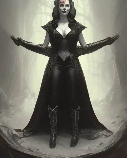 old evil queen in black leather gown with a whip in her hand, femme fatale, volouptous, busty, cleavage, angry, emperious, 8k resolution concept art portrait by Greg Rutkowski,