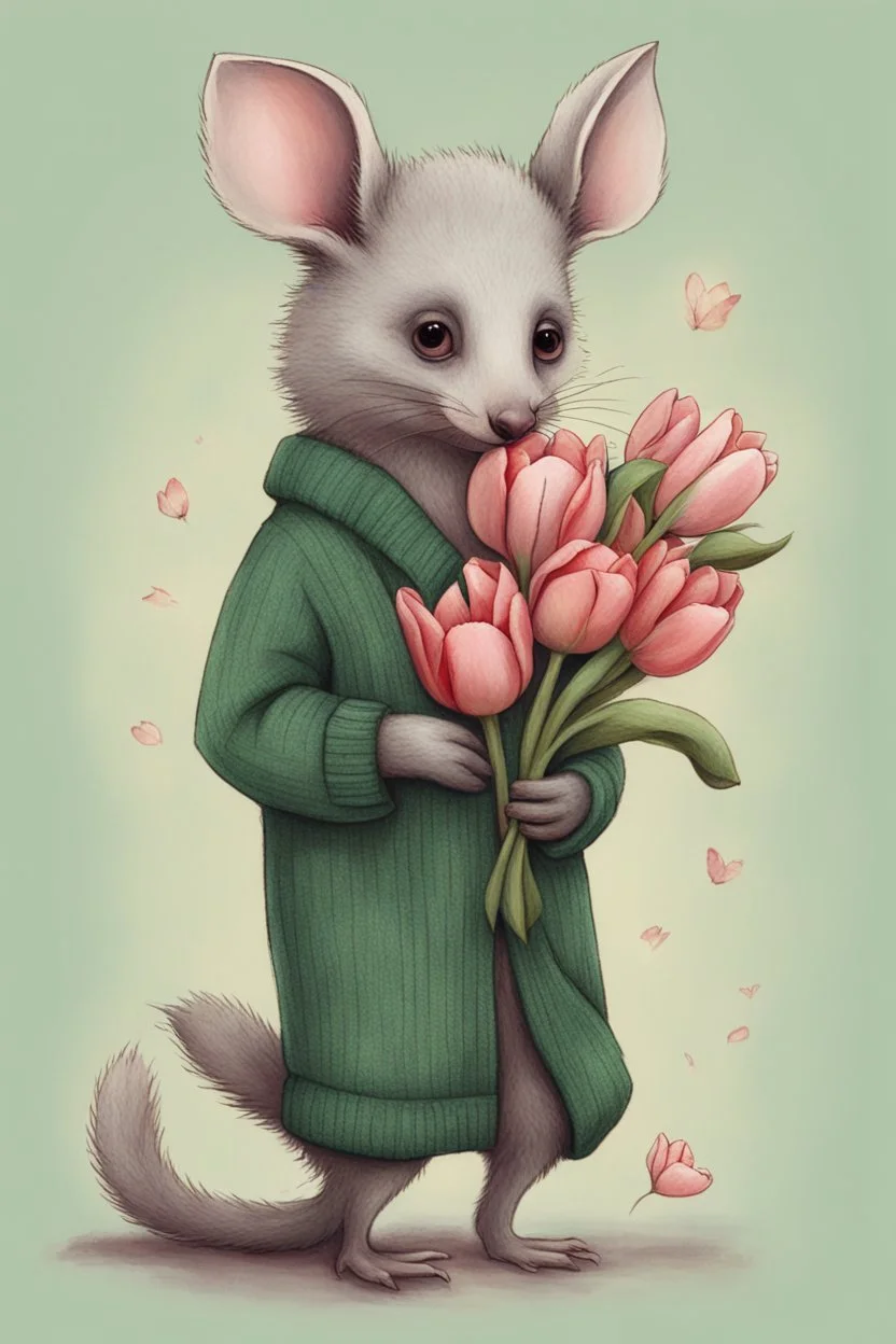 Green possum with naked tail wearing cardigan holding a bouquet of tulips cute art