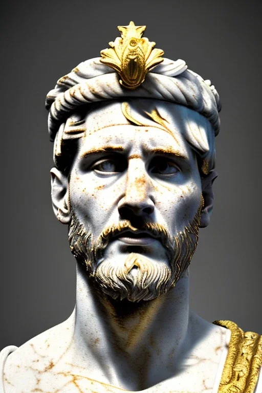 Realistic image, Roman sculpture made in white marble with gold veins, Lionel messi with gold laurel leaves crown, two blue brushes, decorative star on the chest, waist up portrait, marble material, gold ornaments, Baroque style, sun rays background, epic, celestial, cinematic lighting, God lights, 4k resolution, smooth details, soft lighting, unreal engine 5, art station, substance 3d.