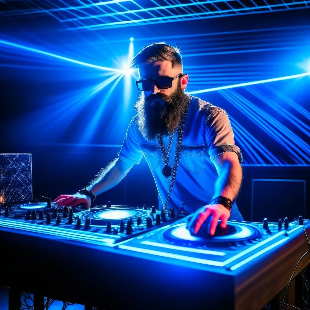 Dance hall ,dj play ,laser lights, l, beard DJ play music with DJ desk,