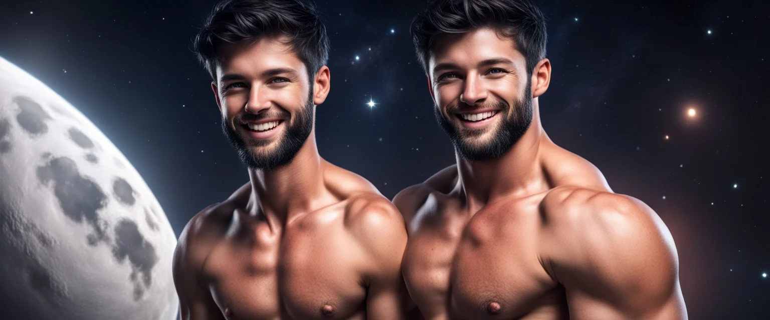 Hyper Realistic Shirtless Muscular Young Handsome man with beard & short black hair & red eyes on moon smiling in outer space