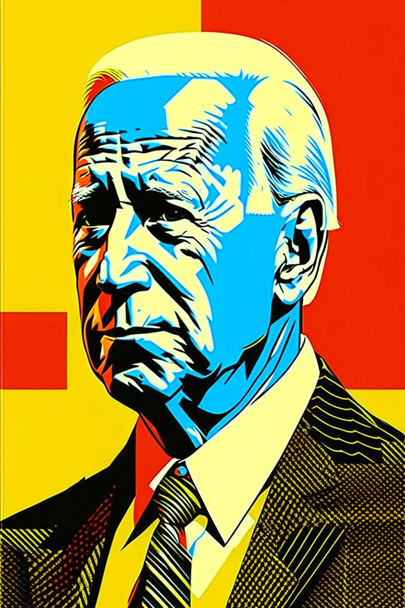 stylized stencil portrait of Joe biden in solid red, beige and (light and dark) blue with the russian characters for "obey" overlaid on the bottom of the image in yellow