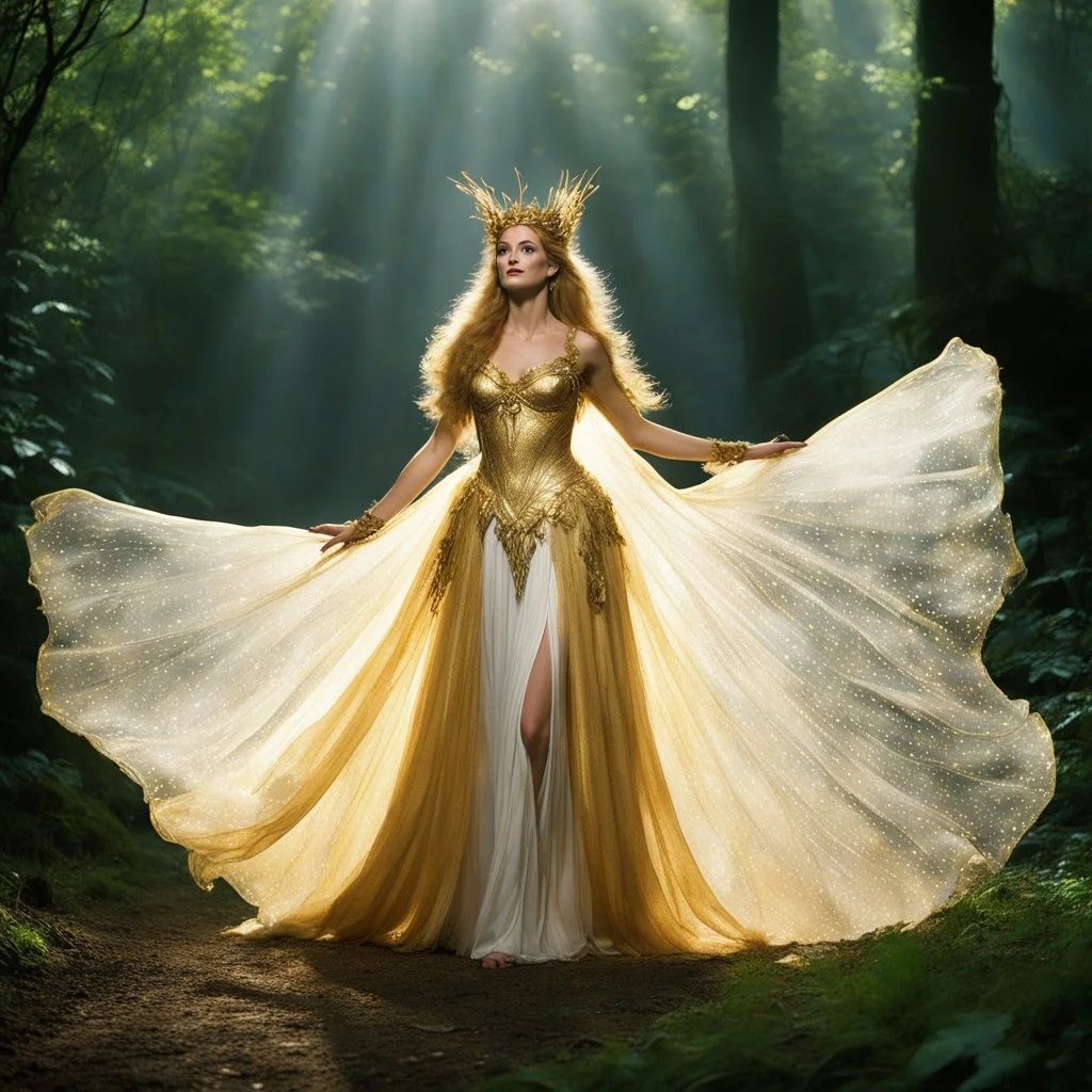[high res photo by Monty Python] Titania from Shakespeare's A Midsummer Night's Dream. Graceful and ethereal, with long flowing hair that seems to shimmer like spun gold. She adorns herself in gowns that sparkle like starlight or textures reminiscent of delicate leaves. Radiating majesty and otherworldly beauty, Titania steps into the arena of the forest clearing as a gladiatrix. The air around her seems to hum with magic and mystery as she prepares to showcase her strength and prowess in this e