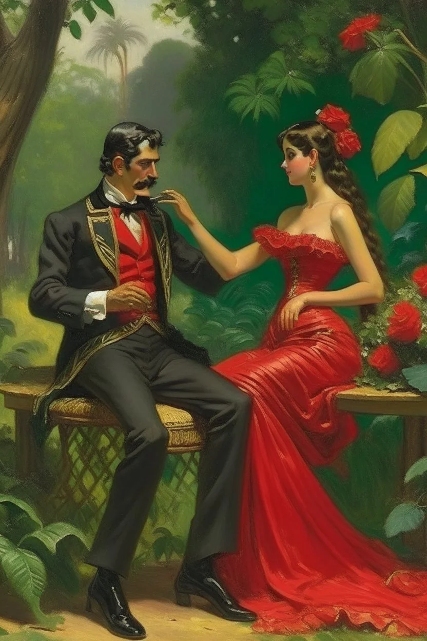 Carmen the flamenco dancer tempts adam with a cigarette in the garden of Eden