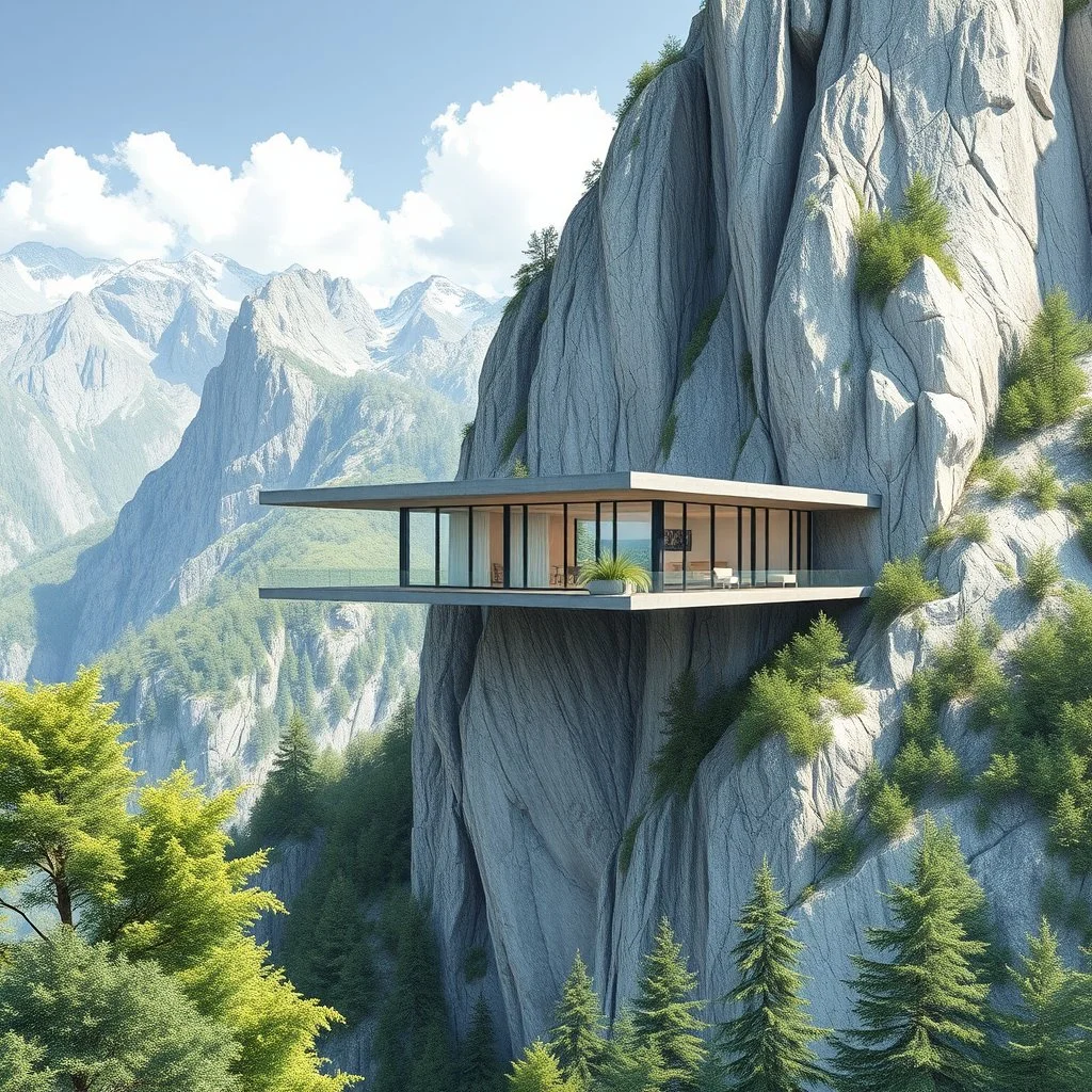 Architectural drawing of spectacular views of a modern house suspended on the side of a mountain, using light and resistant materials. Hyper detailed, ultra quality. green trees