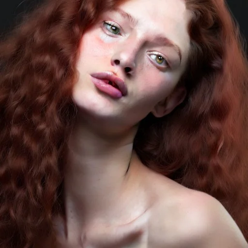 beautiful caucasian woman with long curly redhair portrait hyper realistic