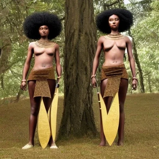 Female twins only,show face details cleats. Black skin, tall and slender, long afro kinky hair,slanted almond shaped dark brown eyes, warrior wear holding spears. Gold accents on clothing surrounded by trees.