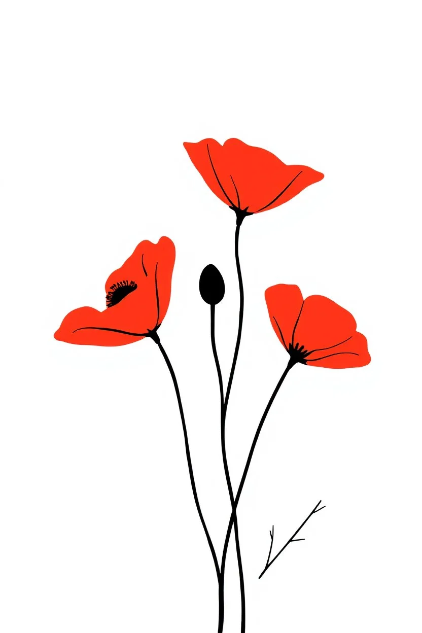 simple outline of a 3 red poppies and one black