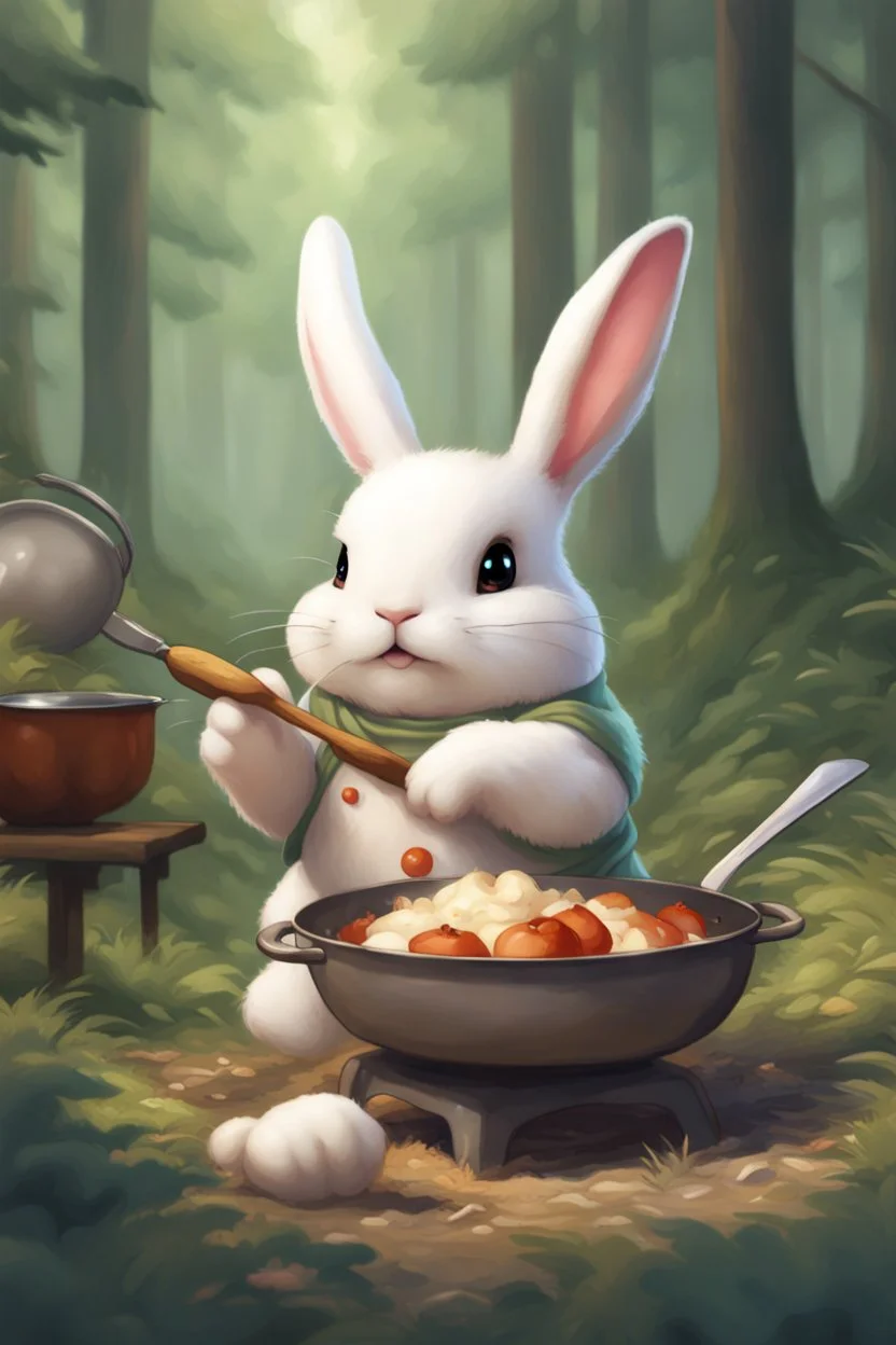 Cute chubby bunny floppy ears adventurer dnd cooking in a forest art realism