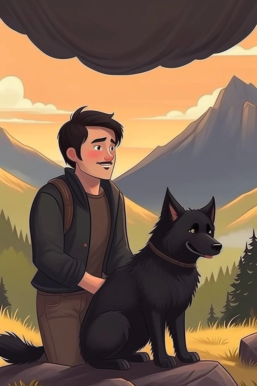 Escape to the mountains, buzzed brown hair guy and cute realistic black dog with docked tail