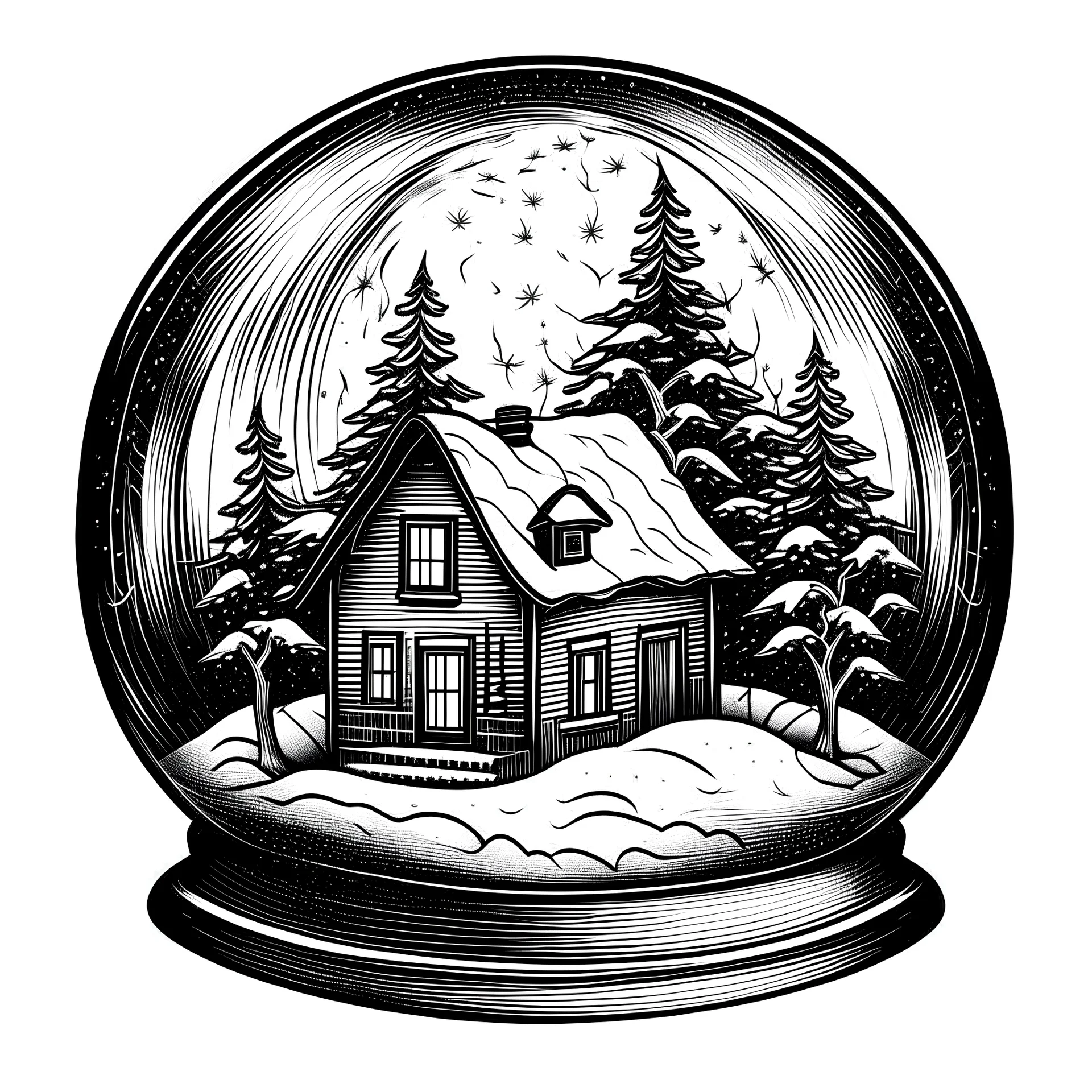 create a cozy realistic snowy cottage in a realistic snow globe, trees covered in snow, snow globe with a stand, bold lines, black and white, high contrast, black outline, realistic in the style of line art, in the style of coloring book