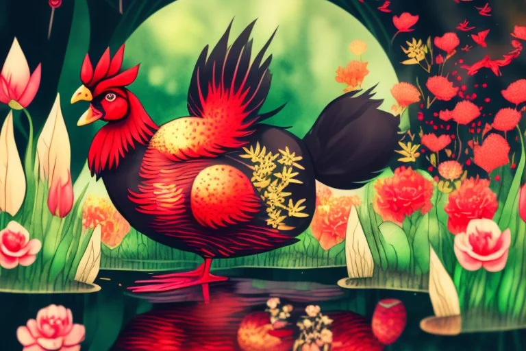 red and black chicken and small chibi duck in a flowergarden with beautiful flowers, pond, in sunshine, H.R. Giger, anime, steampunk, sürreal, watercolor and black in outlines, golden glitter, ethereal, cinematic postprocessing, bokeh, dof