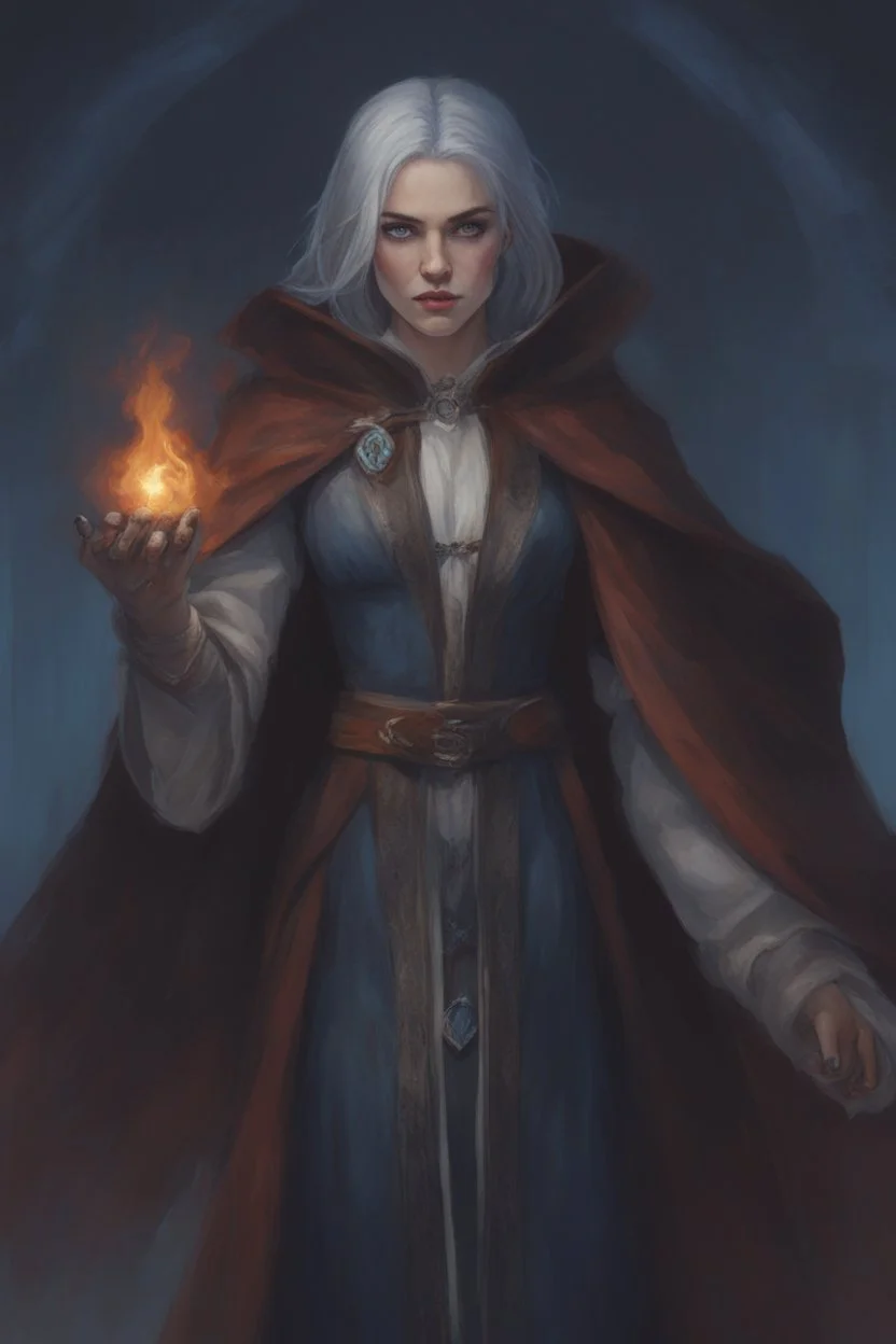 Woman from the dnd game curse of Strahd. She is a twilight cleric wearing dark grey robes. She has white hair and blue eyes.