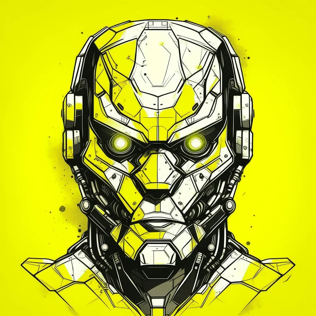 monotone robot face, sci fi, low details, polygonal, black ink, yellow plain background