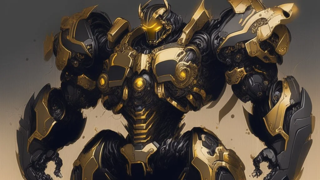 black mecha with golden ornaments, comic style