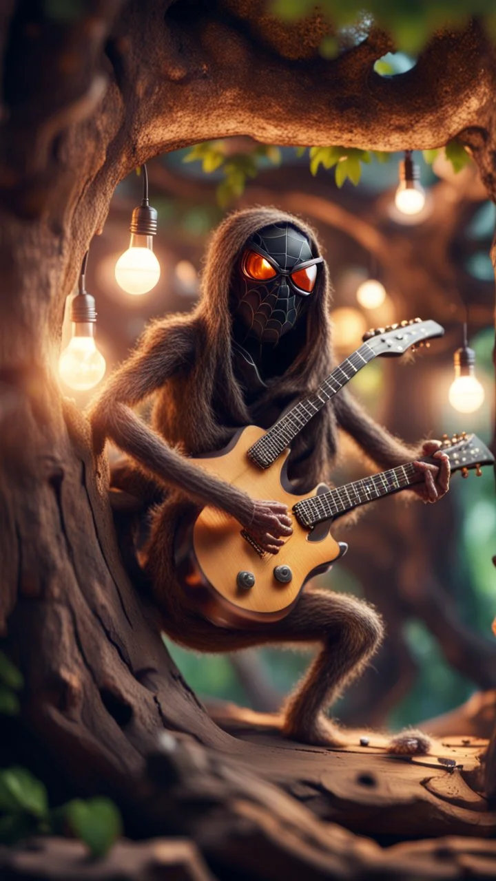 portrait of hairy rock guitar ninja spider living inside a tree house in a hollow huge tree growing light bulbs,bokeh like f/0.8, tilt-shift lens 8k, high detail, smooth render, down-light, unreal engine, prize winning