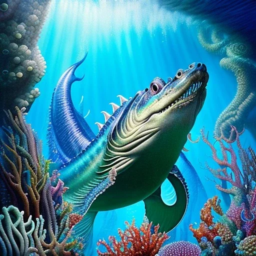 ultra detailed fullbody portrait of SEA MONSTER based on movie The Sea Beast , extremely detailed digital painting, intrincate, extremely detailed face,crystal clear Big eyes, in the style of Simon Bisley, mystical colors , perfectly centered image, perfect composition, rim light, beautiful lighting, 8k, stunning scene, raytracing