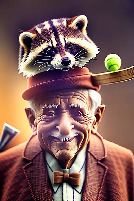 old man in 1928 poster advertising racoon tennis, raccons flying in air between tennis rackets while humans::4 use them as a tennis ball, evil, crazy