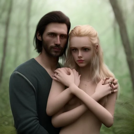 A photo realistic portrait of a beautiful scared blonde girl and a handsome muscular dark haired man in a lovers embrace standing in a forrest