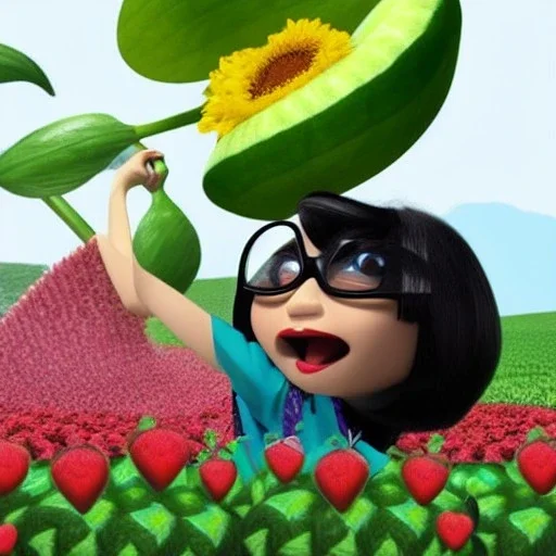 Edna Mode from the Incredibles lying in a field of flowers and watermelons, computer generated graphics