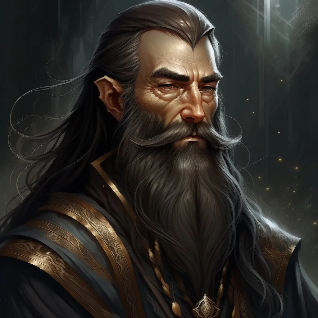 dnd, fantasy, wizard, portrait, face, close up, long beard, black hair, elegant, angular features, exotic features, long, slender