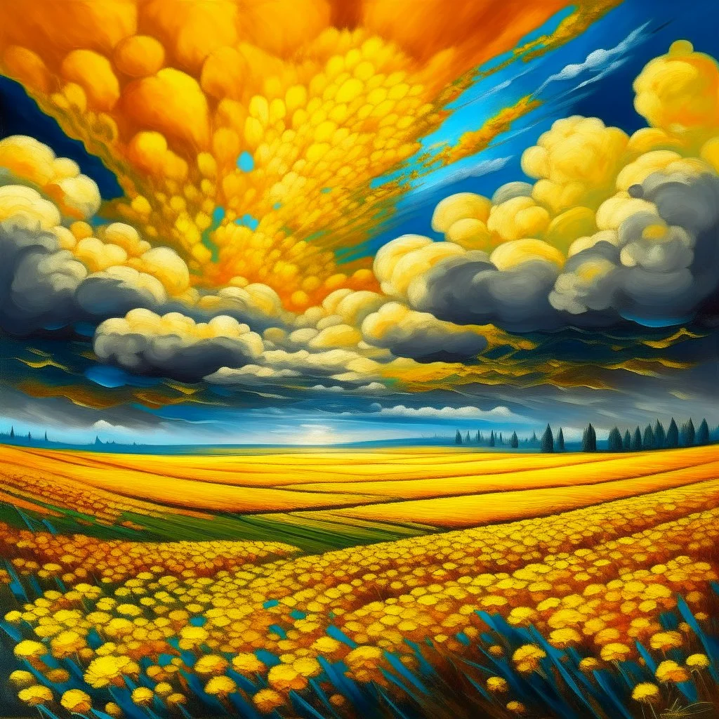 surreal fields of color, oil on canvas, endless warm fields full of golden yarrow under the sun, surreal thunder clouds --v 6.0 --style raw