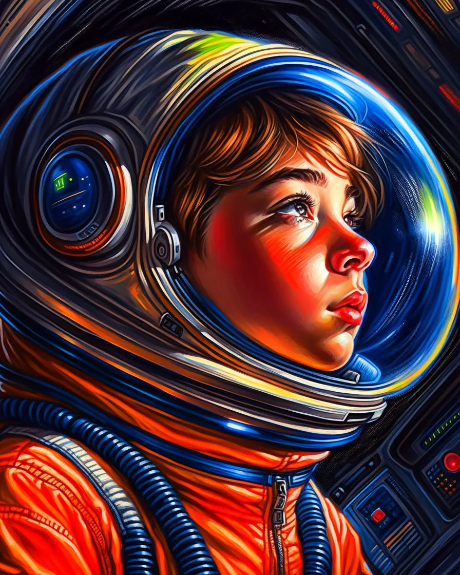 a close up of a boy in a space suit, portrait of an astronaut, portrait of an ai astronaut, jen bartel, portrait of astronaut, detailed astronaut, inspired by Tim Hildebrandt, futuristic astronaut, glowing spacesuit, sci-fi digital art illustration, stefan koidl inspired, in spacesuit, looking out into space, astronaut