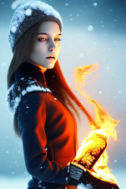 girl on fire, snow background