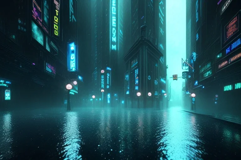 Atmospheric, night, gotham city, dark, unsafe, rain, high level of detail, high definition, blue neon, blue lights, blender 3d