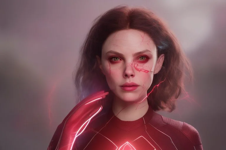 Feiticeira escarlate, wanda maximoff, magia instável, olhos brilhantes, cores vibrantes, cinematográfico, maquiavélica, destruição, vilania, mãos mágicas