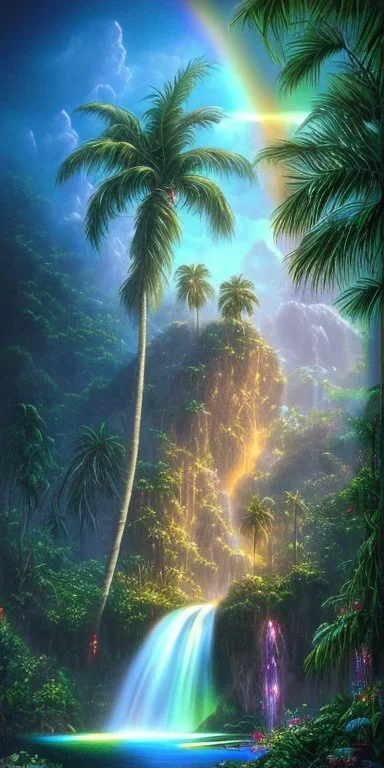 Triipy rainbow turquoise neon waterfall with palm trees sparkling at night in a cave detailed realistic glowing