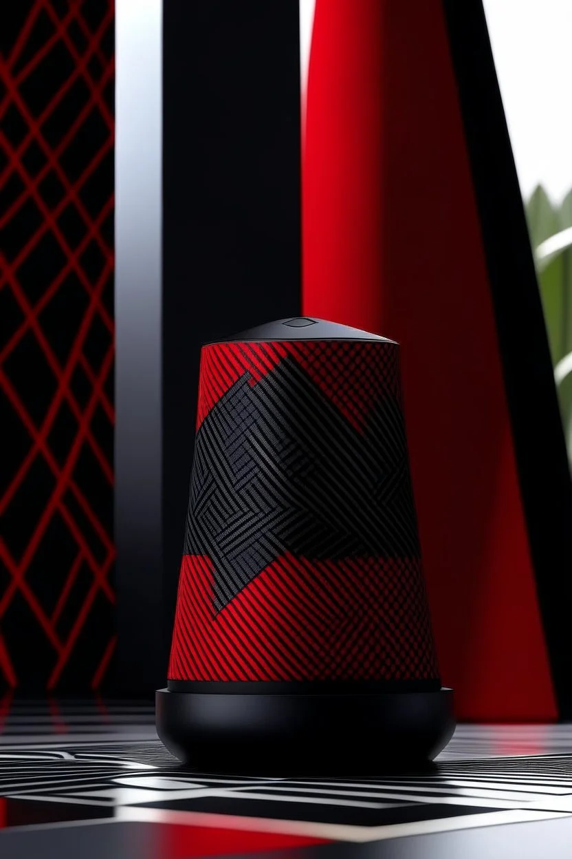 portable speaker, form inspired by merdeka 118 tower , flora and faunaform, geometric design style and black and red color