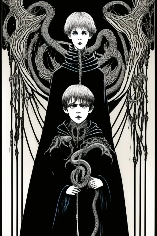 7 year old boy, necromancer, friendly, looks dead,with a lamprey serpent , wearing black robes, in the style of Harry Clarke