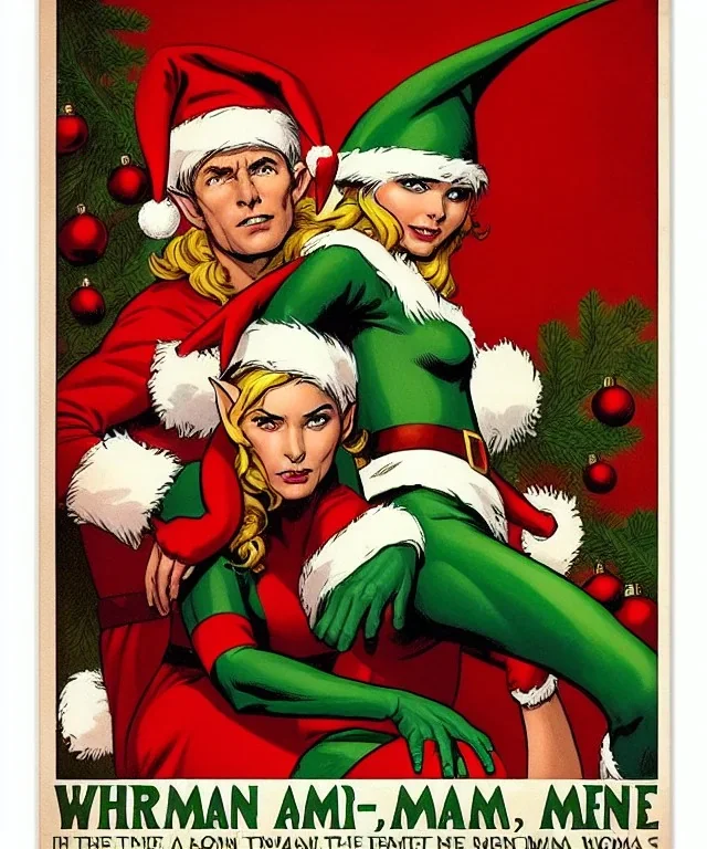 two elves. woman and man. Christmas scene. poster. marvel comic. low-key