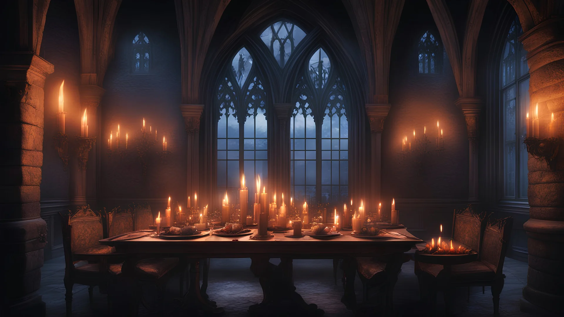 Hyper Realistic candle-light-dinner in a dark-dining-hall of a fancy-gothic-castle with gargoyles, medieval-windows & flame-torches on wall at dark-night with a fire-place.