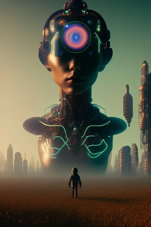 projection of an AI head hovering over an cyberpunk landscape in the distance, a small human walking towards the head, high quality, 4k resolution, high details